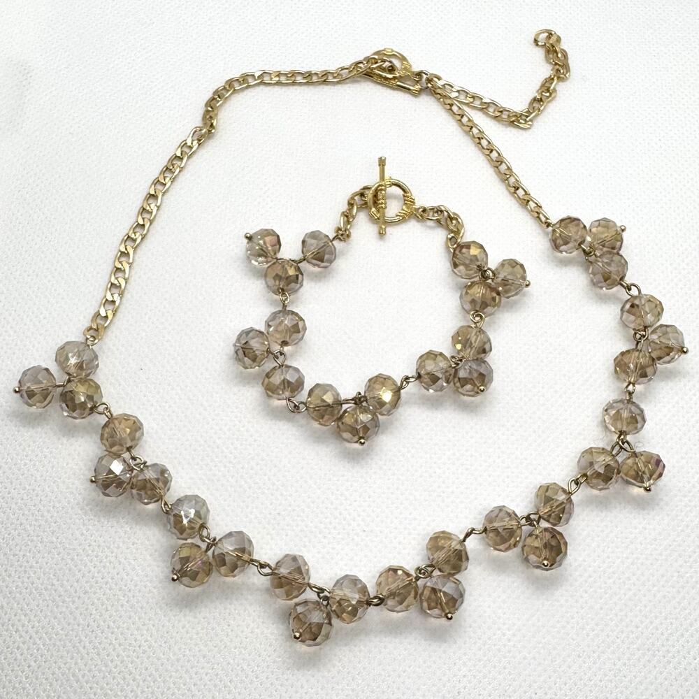 Vtg Faceted Champagne Crystal Bead Necklace & Bracelet Set Gold Tone Cluster